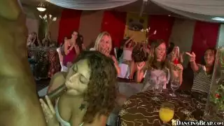 Sizzling babe in a red dress is sucking hard black dick in a ballroom