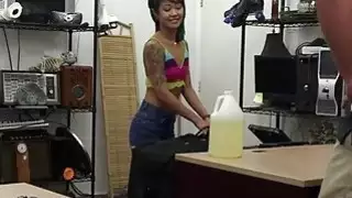 Hunk shop owner turned on while getting a massage from a petite Asian chick