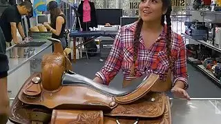 Pretty cowgirl ass fucked by pawn dude in the backroom